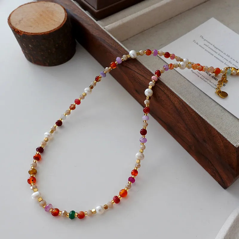 Retro Japanese Style Geometric natural stone Freshwater Pearl Agate Pendant Necklace In Bulk