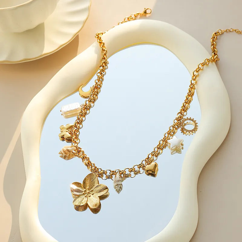 Wholesale Jewelry Elegant Handmade Romantic Pentagram Moon Heart Shape 304 Stainless Steel 18K Gold Plated Plating cable chain Multi Charms Necklace