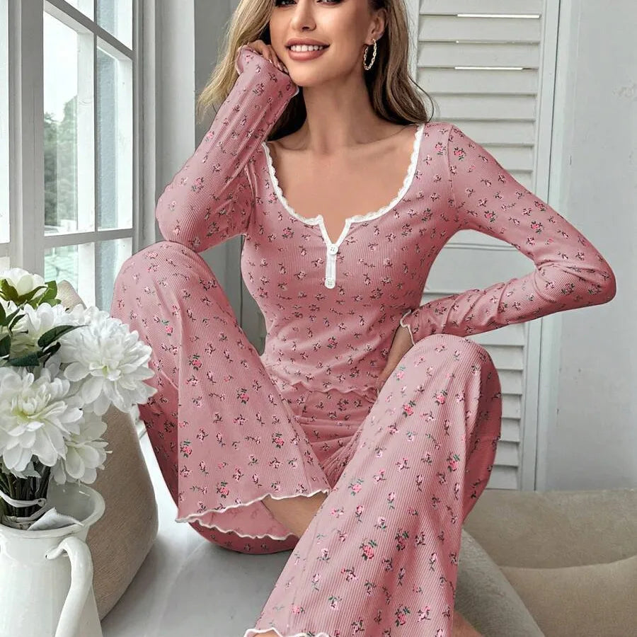 European Style Long Sleeve V-Neck Floral Print Sleepwear Set Women's Home Clothes With Cuffed Pants Thick Polyester Knitted Fabric