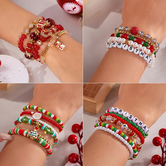 Handmade Christmas Themed Beaded Bracelet Set For Women Soft Clay Snowflake Letter Bracelets  Style
