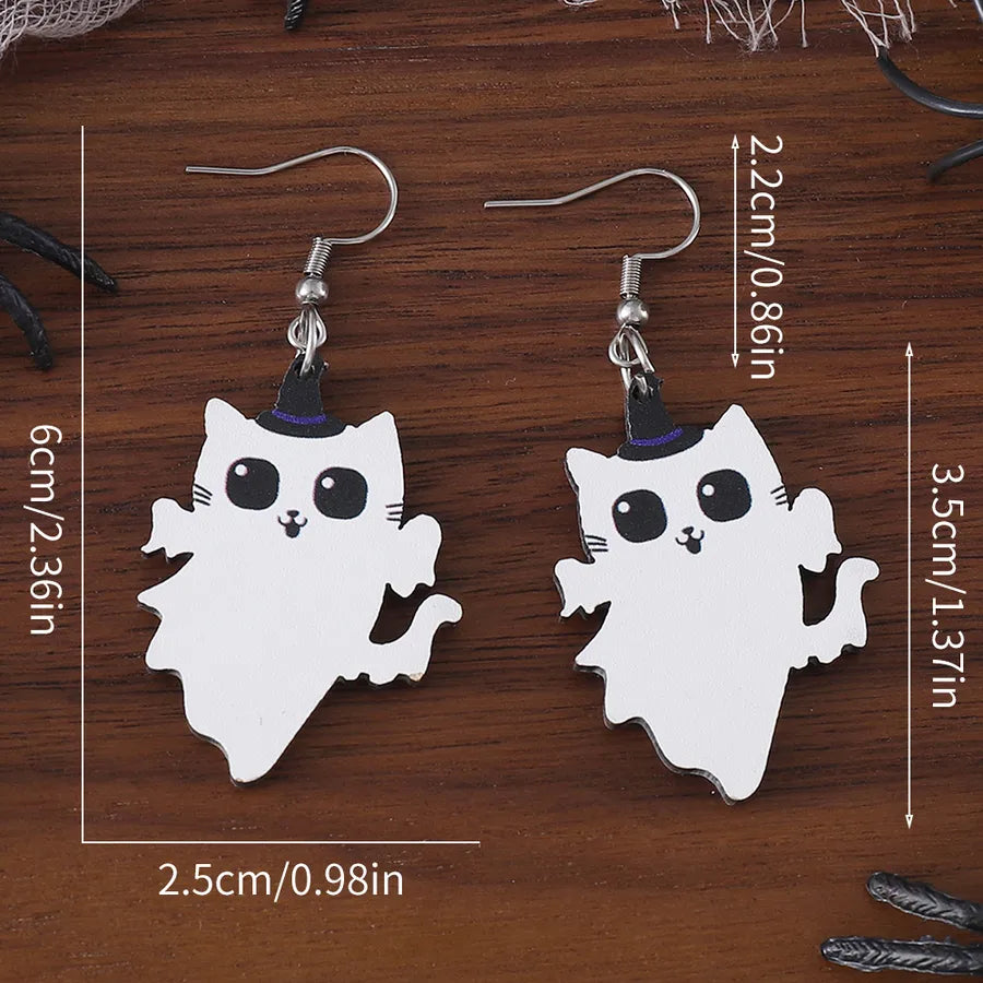 Halloween Cute Angel Cat Magic Hat Black Cat Pendant Earrings Ladies Vintage Wooden Gothic Style Double-Sided Ear Jewelry Party Gift