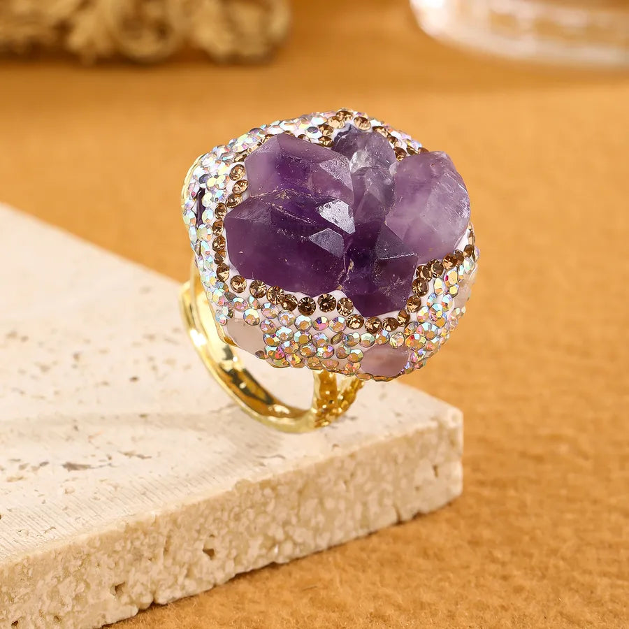 Elegant Vacation Handmade Irregular natural stone Crystal Copper Asymmetrical Irregular Natural Stone Crystal 14K Gold Plated Women's Open Rings