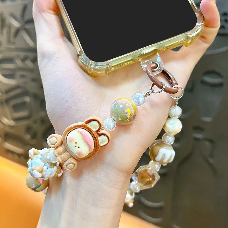 Cute Cartoon Mobile Phone Chain Dopamine Handmade Beaded Key Holder Wristband Style Girls Keychain Acrylic Cute Style