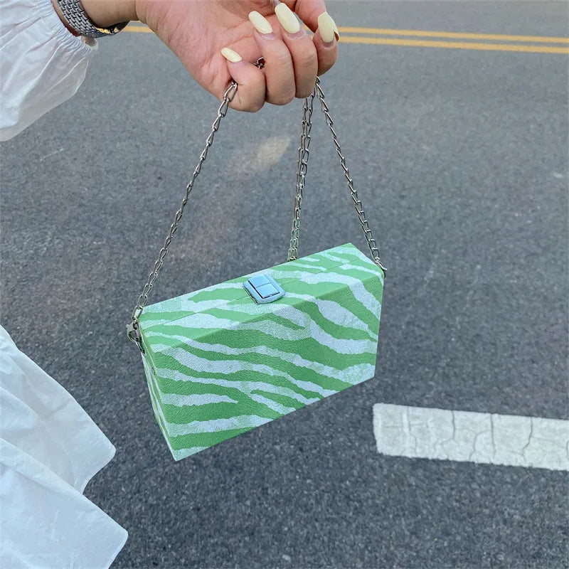 Fashionable Acrylic Box Bag Women's Crossbody Chain Strap Dinner Bag Stripe Color Block Square Shape Single Shoulder Bag