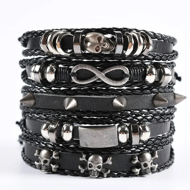 Punk Color Block Pu Leather Alloy Knitting Men's Bracelets