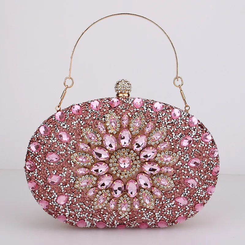 red green blue pu leather polyester flower rhinestone oval evening bags