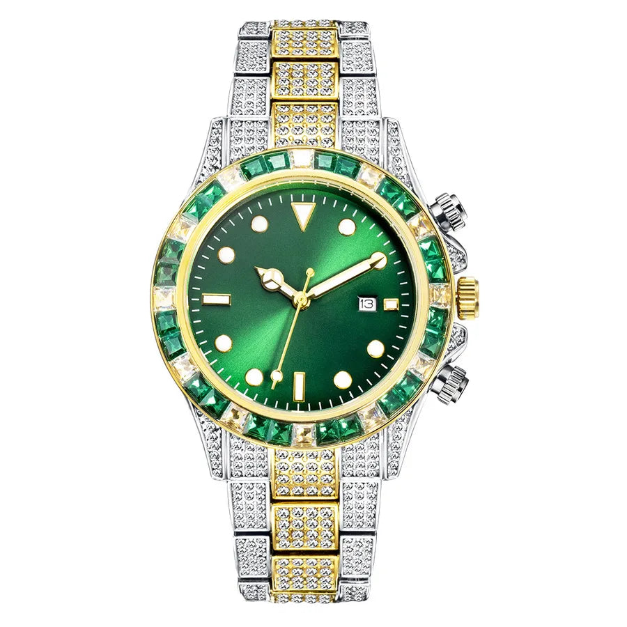 MISSFOX Watch  Explosions High-end Diamond-encrusted Ditona Full Diamond Green Plate Sun Pattern Luminous Quartz Watch