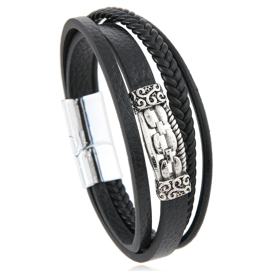 Retro Solid Color Pu Leather Alloy Men's Bracelets Men Cord & Leather Bracelets