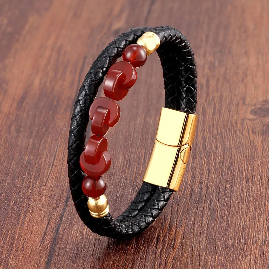 vintage style classic style round leather rope stone metal handmade metal button men's bracelets