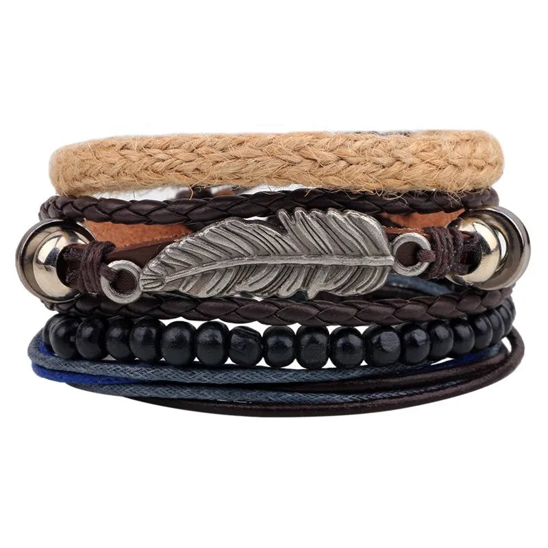 casual letter feather wings pu leather alloy beaded patchwork men's bracelets