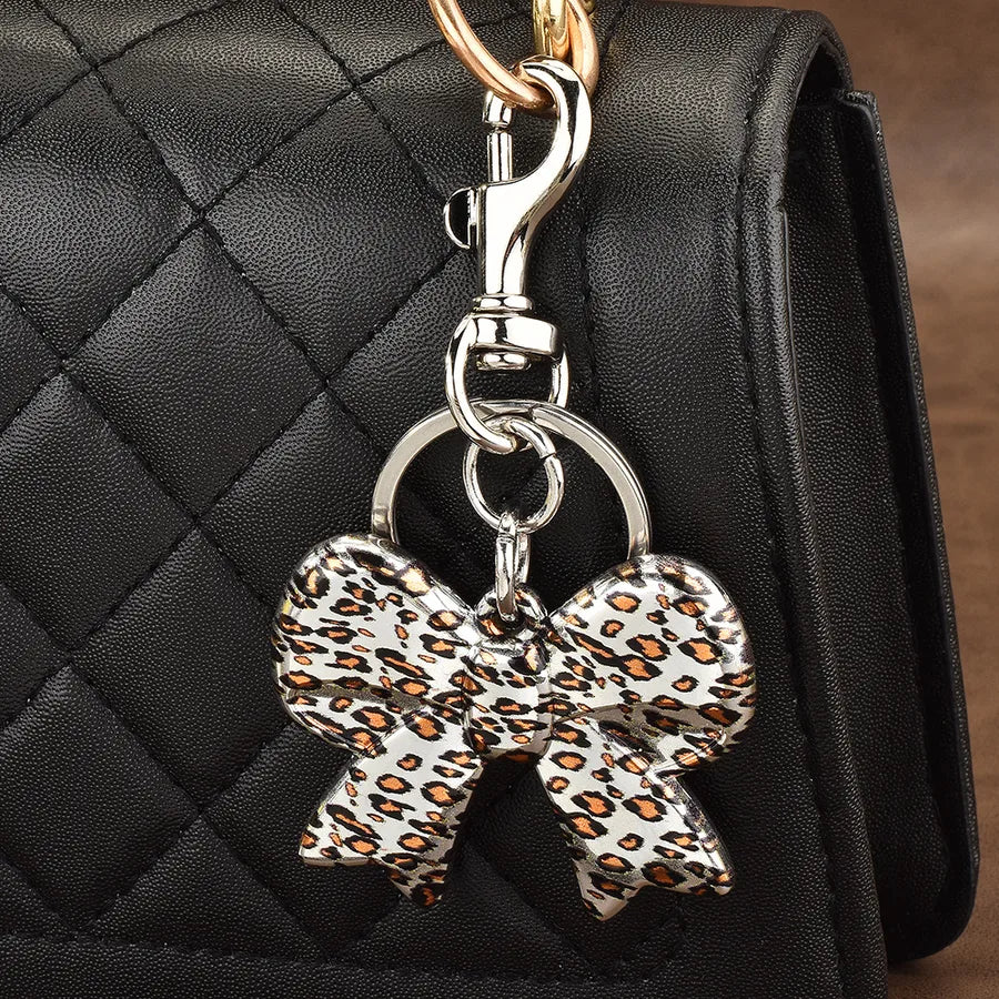 IG Style Heart Shape Bow Knot Leopard Alloy Epoxy Bag Pendant Keychain