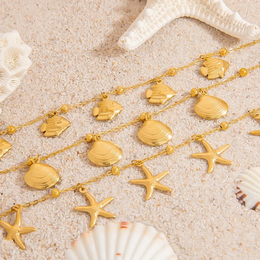 Glam Beach Sweet Starfish Ocean Conch 304 Stainless Steel 18K Gold Plated cable chain Bracelets In Bulk