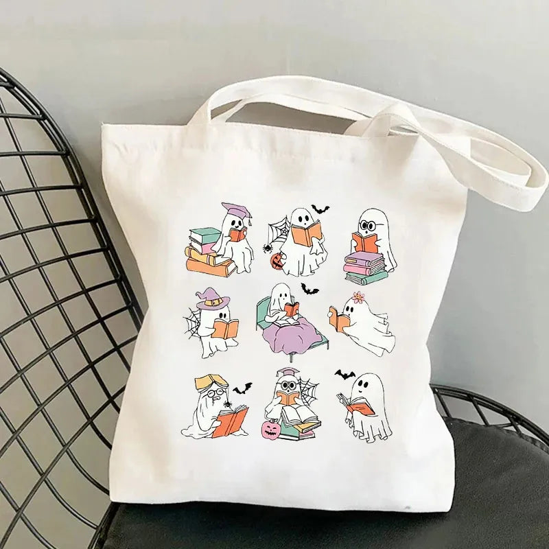 Halloween Print Canvas Tote Bag Single Shoulder Foldable Handbag Shopping Bag Large Size Retro  Style