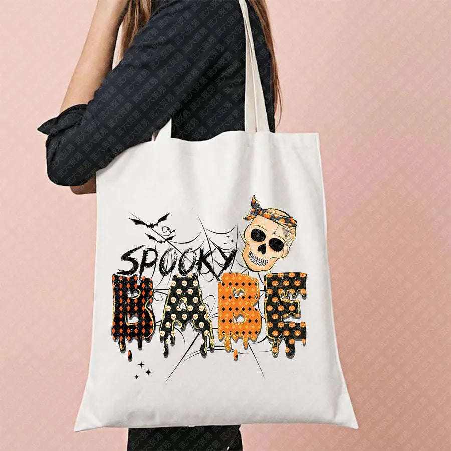 Halloween Movie Pattern Canvas Tote Bag Reusable Shopping Shoulder Bag Travel Large Square Printed Handbag Retro Style Women