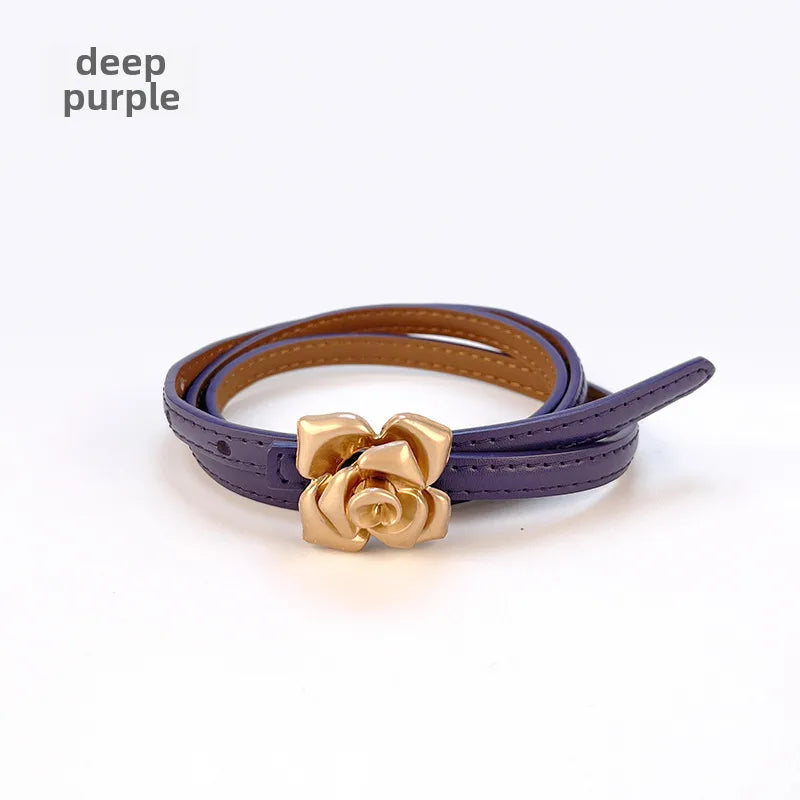 New Genuine Leather Women's Thin Belt Women's Flower Waist Slim Cowhide Women's Belt with Sweater Dress