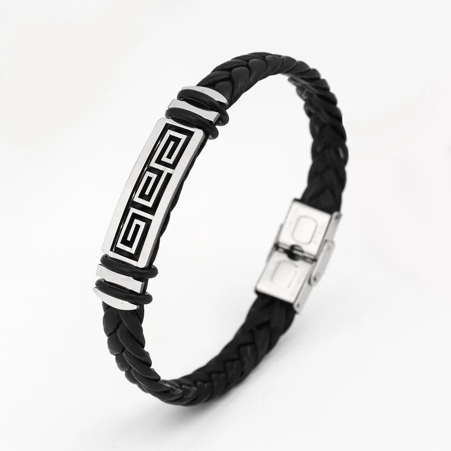 Retro Punk Solid Color 304 Stainless Steel Pu Leather Plating Men's Bangle Men Cord & Leather Bracelets