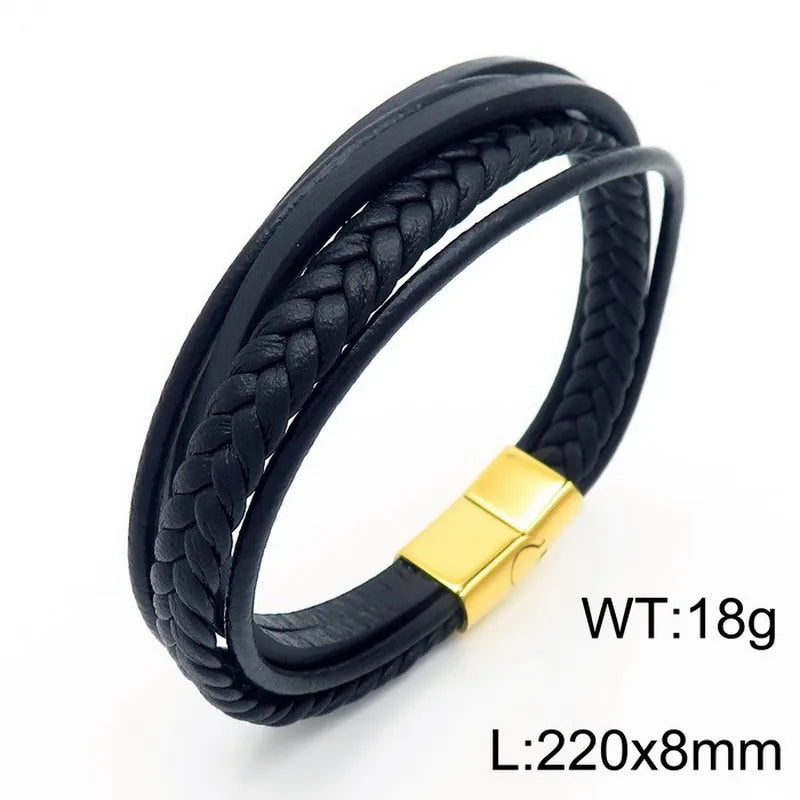 Retro Color Block Pu Leather Titanium Steel Braid 18K Gold Plated Men's Bracelets