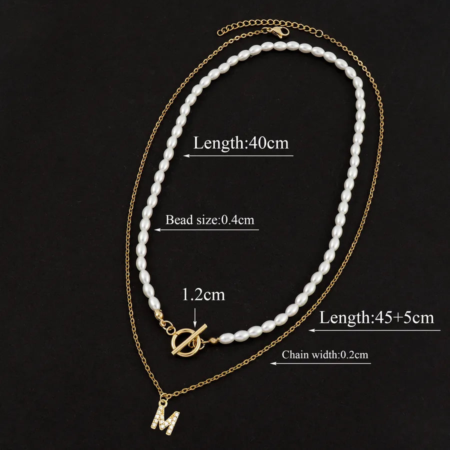 Elegant Simple Style Classic Style Letter Zircon 201 Stainless Steel Artificial Pearl Copper Beaded Chain cable chain Beaded Necklaces Wholesale