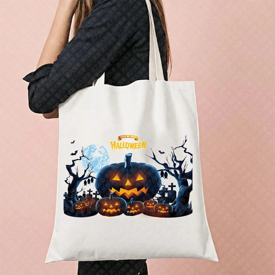 Halloween Witch Pattern Canvas Tote Bag Reusable Shopping Bag For Commuting Traveling Women Large Square Fashionable Bag