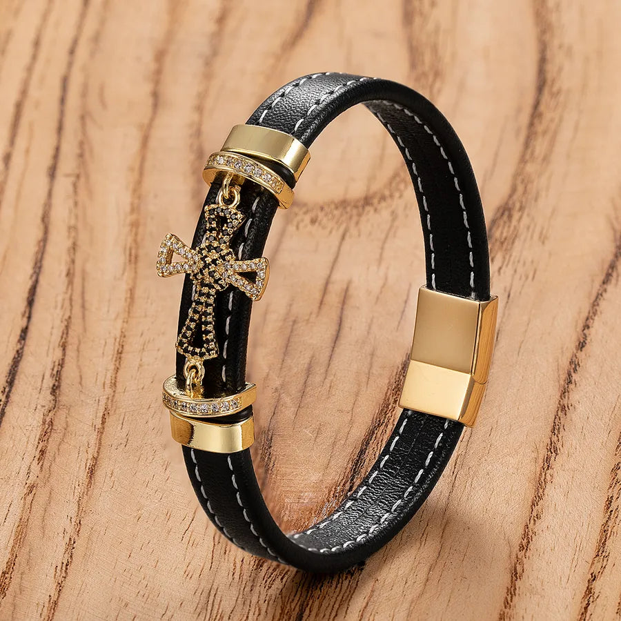Retro Punk Simple Style Cross 316L Stainless Steel  Leather rope Women's Men's Bracelets Men Cord & Leather Bracelets