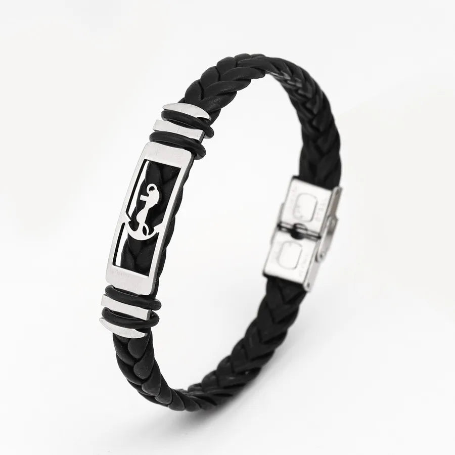 Retro Punk Solid Color 304 Stainless Steel Pu Leather Plating Men's Bangle Men Cord & Leather Bracelets