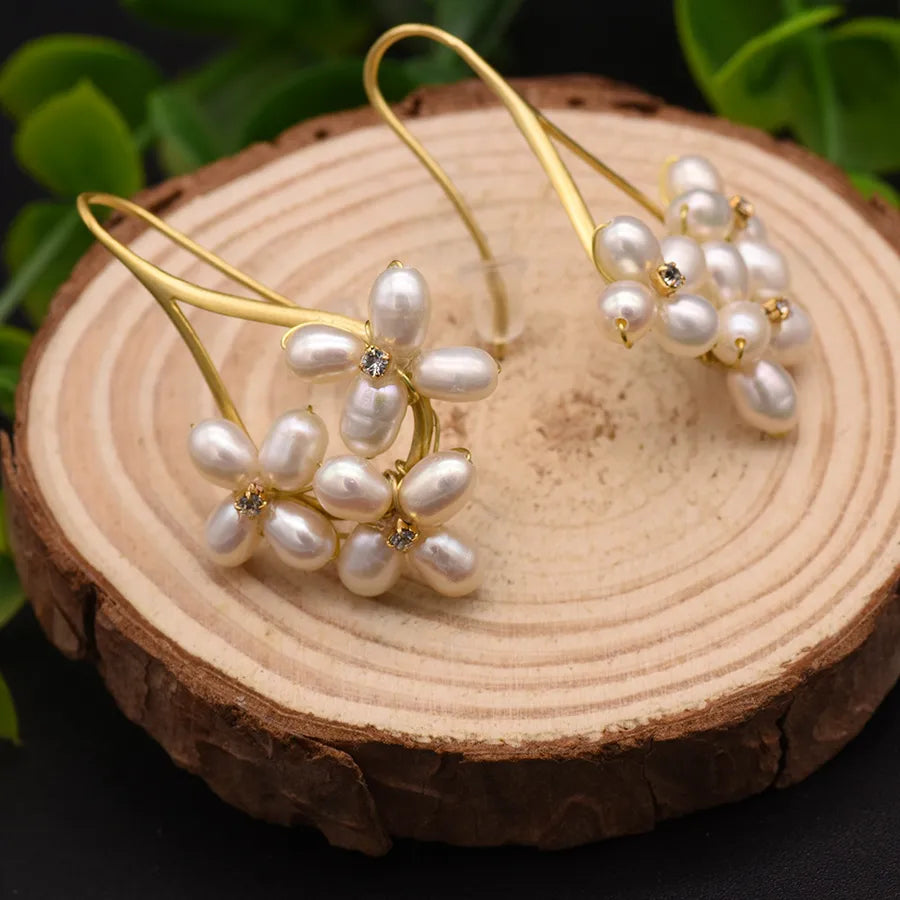 1 Pair 18K Gold Plated Freshwater Pearl Copper Zircon Flower Drop Earrings
