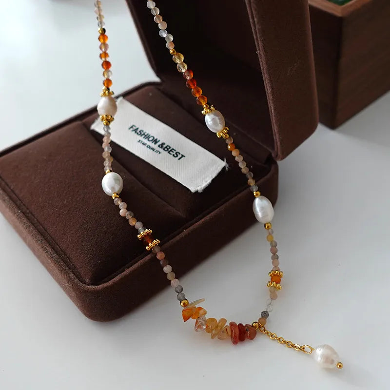 Retro Japanese Style Geometric natural stone Freshwater Pearl Agate Pendant Necklace In Bulk