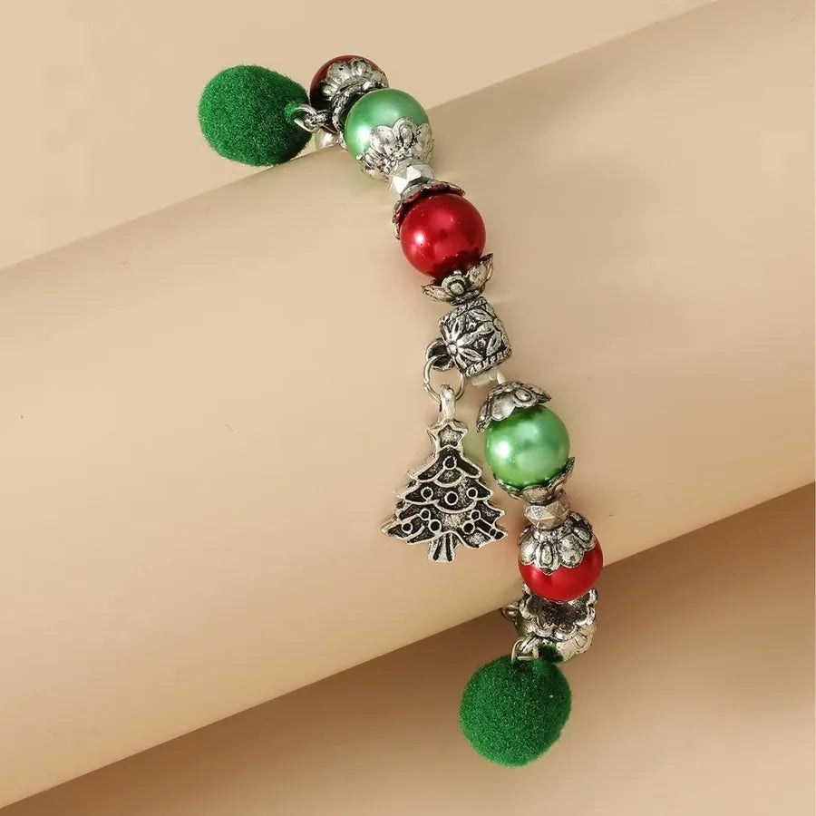 Handmade European Christmas Tree Beaded Bracelet Vintage Cute Snowman Silver Metal Bangle Women's Fashion Jewelry Accessory