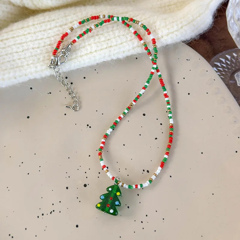 Sweet Christmas Atmosphere Necklace Cute Cartoon Colorful Beads Christmas Tree Gingerbread Man Beads Clavicle Chain Resin Material