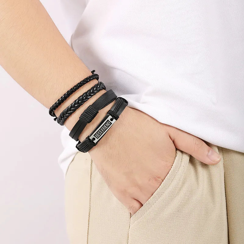Vintage Style Classic Style Pentagram Letter Maple Leaf Pu Leather Alloy Woven Chain Wrap Bracelets Wholesale