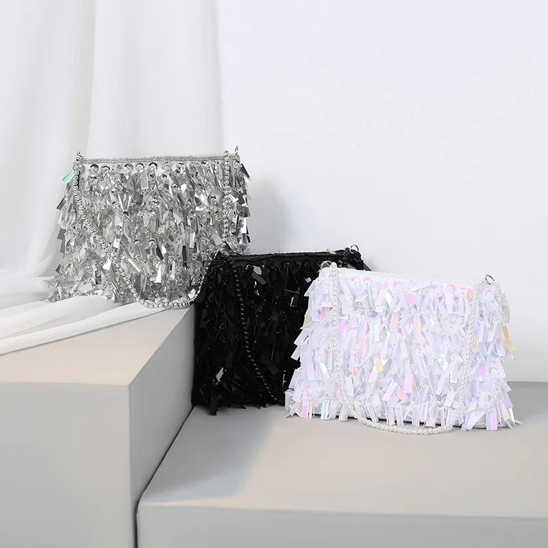 white black silver polyester solid color beading tassel square evening bags