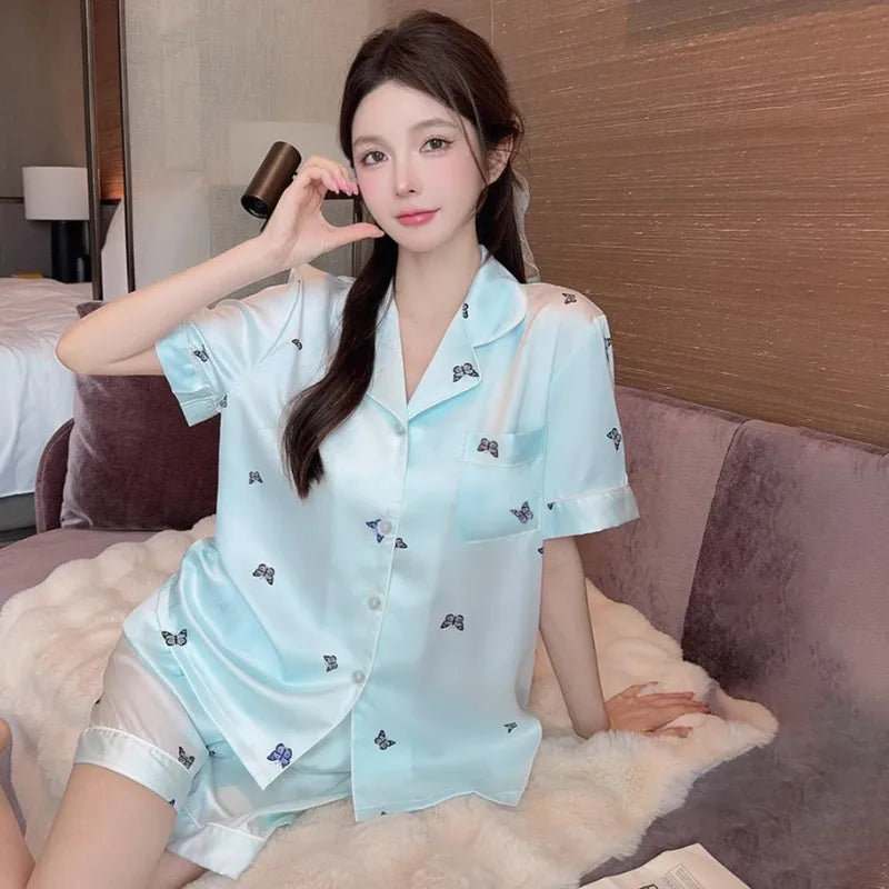Elegant Ice Silk Sleepwear Women's Summer Butterfly Print Short Sleeve Home Clothes Set Can Be Worn Outside Breathable Casual