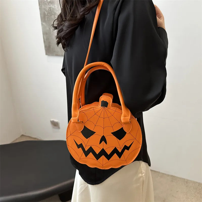 Halloween Pumpkin Shaped Color Block Women's Bag Simple Shoulder Round Bag Funny Gourd Bag Ladies Crossbody Bag Polyester Lining