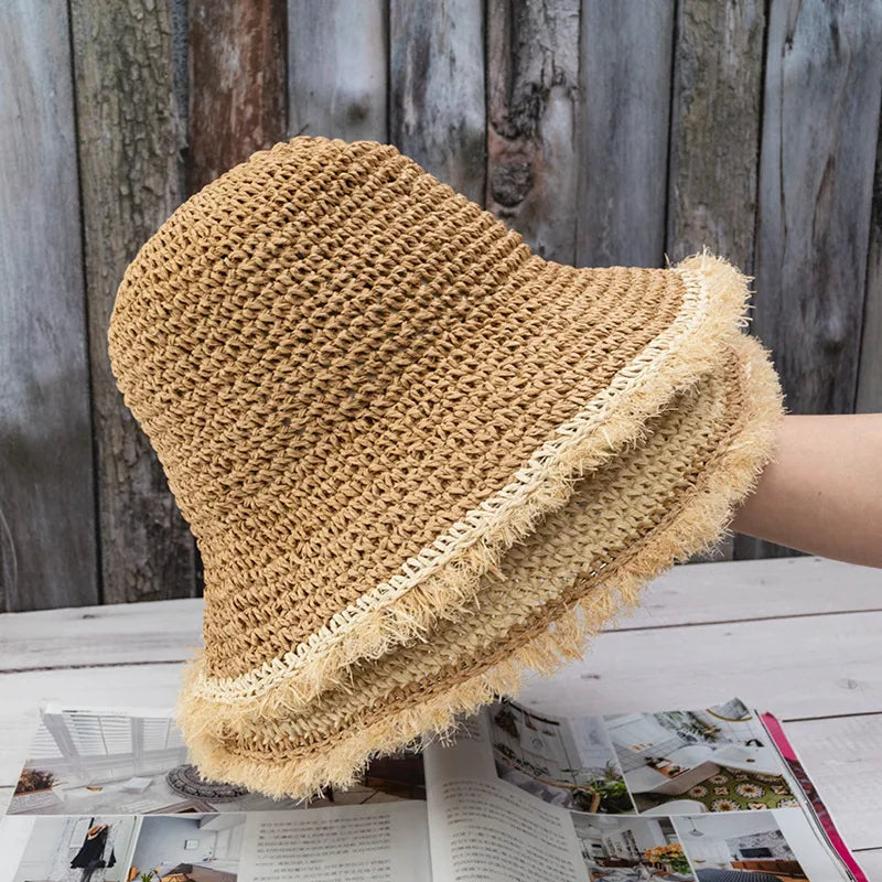 women's vacation solid color flat eaves straw hat