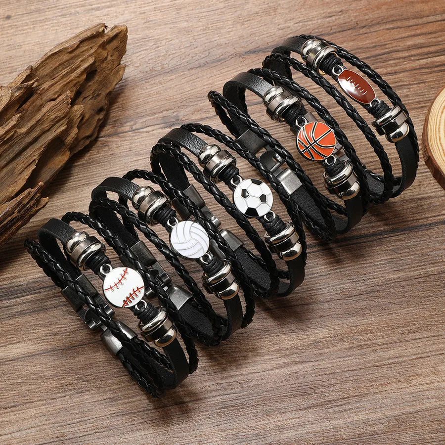 Retro Baseball Basketball Football Pu Leather Alloy Braid Men's Bracelets