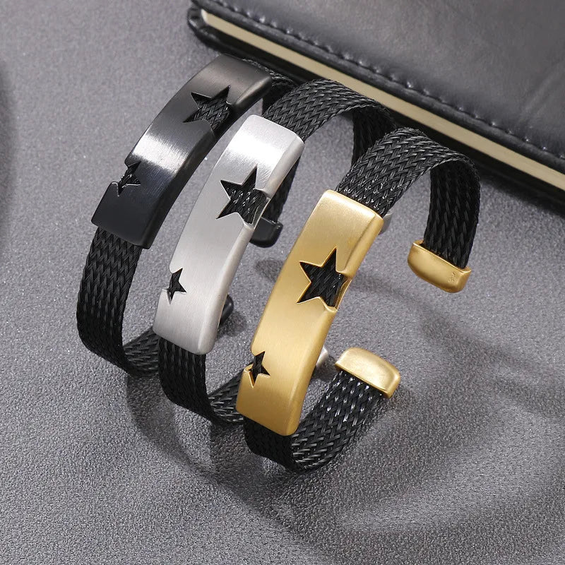 Hip-Hop Retro Star Titanium Steel Star Plating 18K Gold Plated Men's Bangle