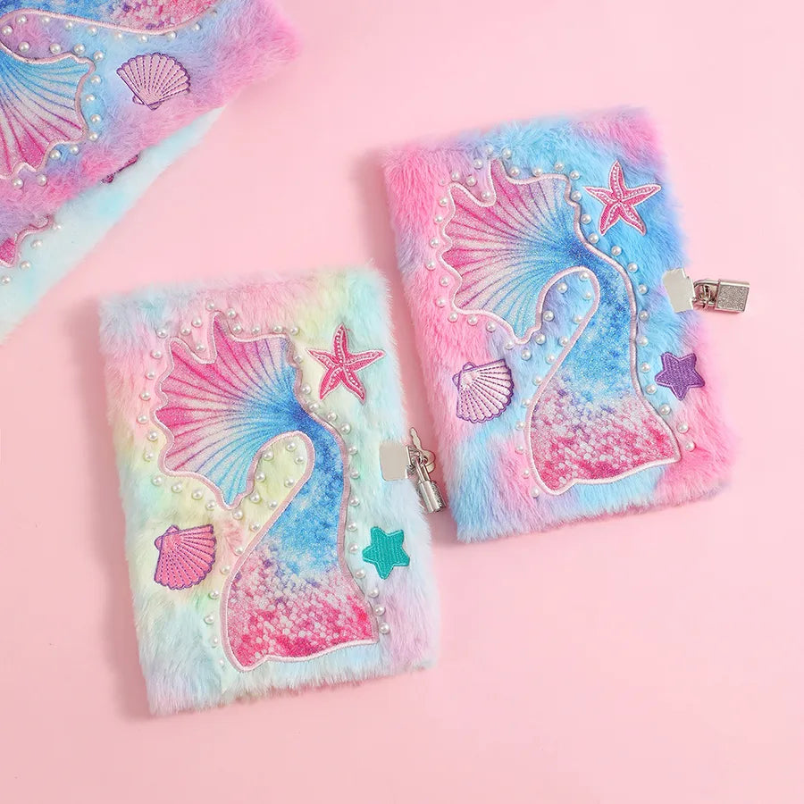 A5 Size Lockable Mermaid Tail Plush Notebook Cartoon Hard Cover Writing Diary For Students Children Gifts