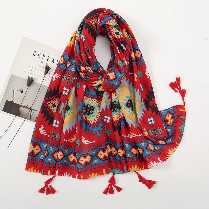 women's retro color block polyester printing scarf