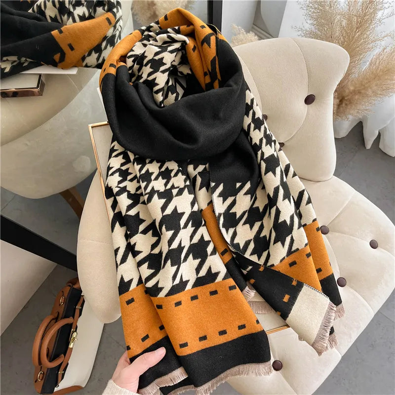 Women's Sweet Simple Style Houndstooth Color Block Imitation cashmere Tassel Scarf