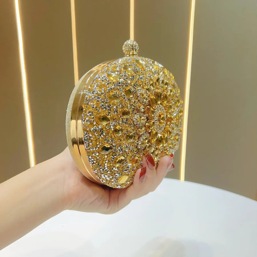 Elegant Diamond Embellished Mini Crossbody Evening Bag Luxury Polyester Round Cylinder Shape Fashion Chain Element