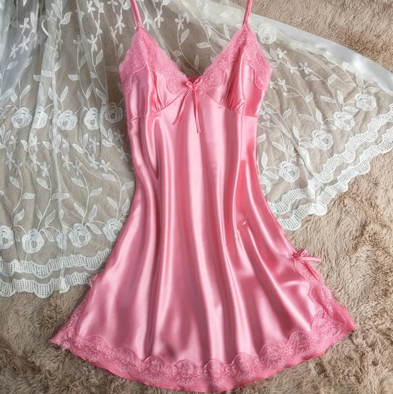 Summer silk-like Ladies sling nightgown sexy V-neck spinning satin pajamas home clothes wholesale agent