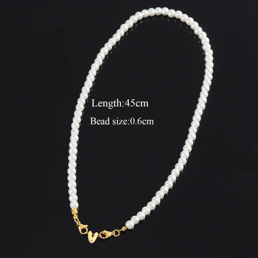 304 Stainless Steel Artificial Pearl Beaded Chain Letter Pendant Necklace