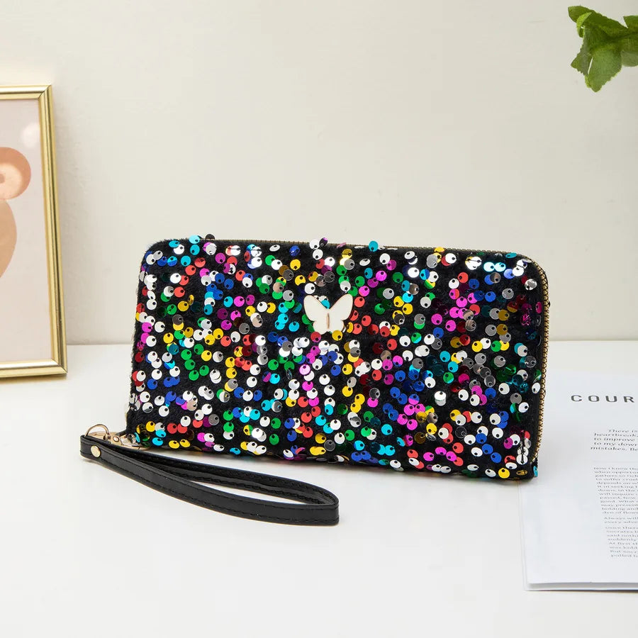Ladies Glitter Clutch Bag Simple Butterfly Decoration Long Wallet Coin Purse Fashionable Elegant Square Shape Sparkling Bag