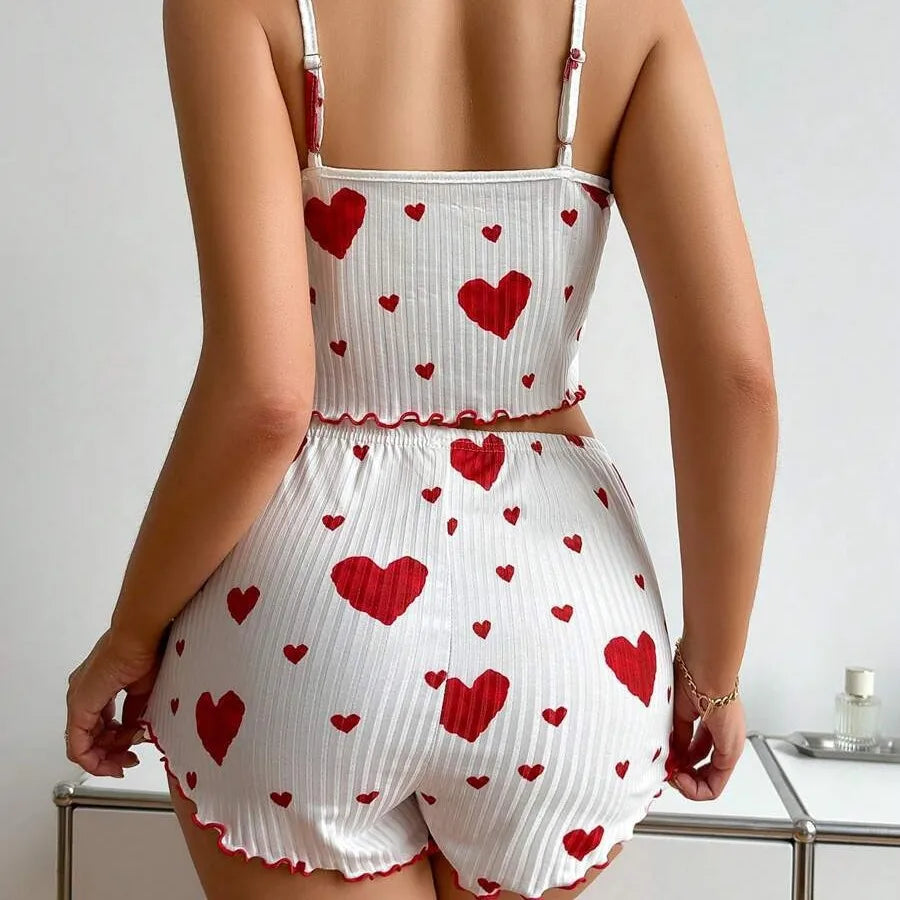 Home Sleeping Women's Sweet Heart Shape Bow Knot Rib Fabrics Shorts Sets Pajama Sets