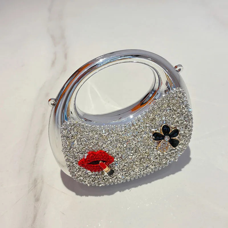 Mini Exquisite Shiny Diamond-encrusted Sexy Lips Flower Acrylic Moon Simple All-match Niche Hand Crossbody Bag