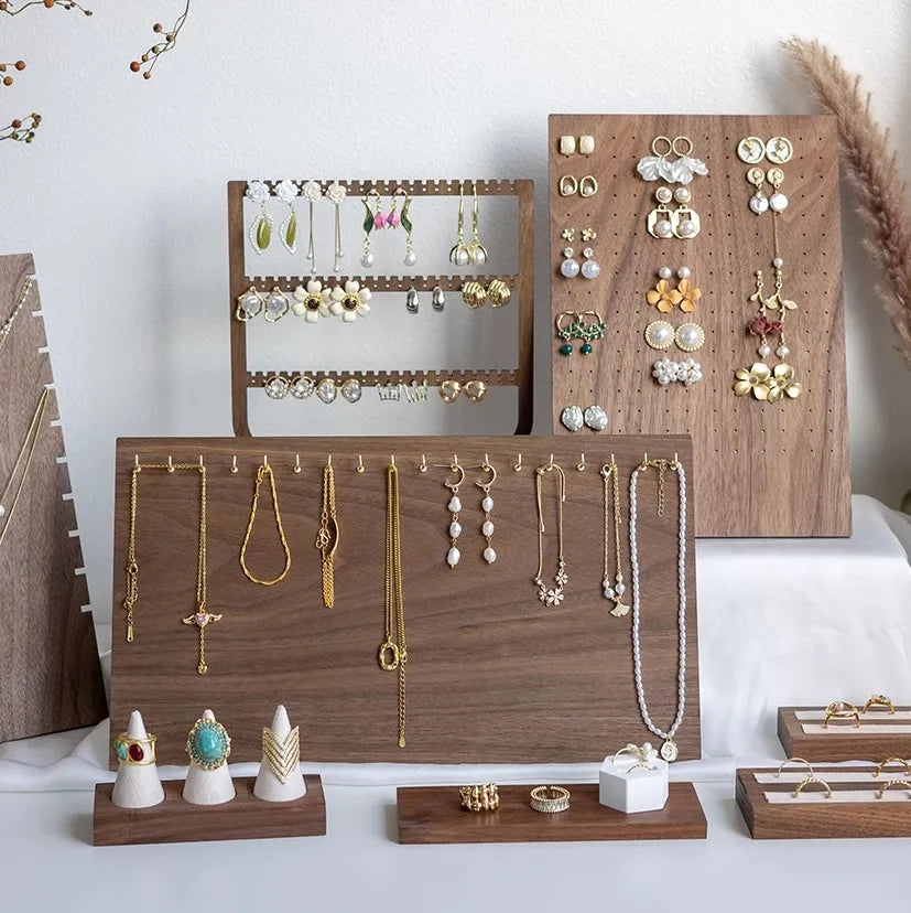 Large Capacity Jewelry Display Stand Walnut Color Earring Necklace Holder Stall Jewelry Showcase Elegant Cherry Wood Grain