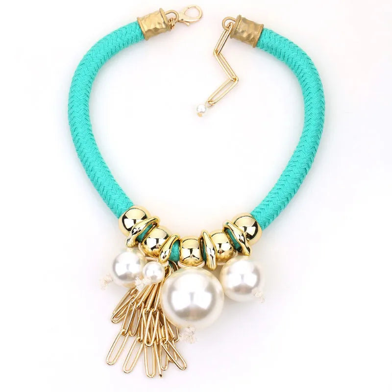 Original Design Handmade Pearl Imitation Pearl Polyester Aluminum Woven Chain Choker Wholesale
