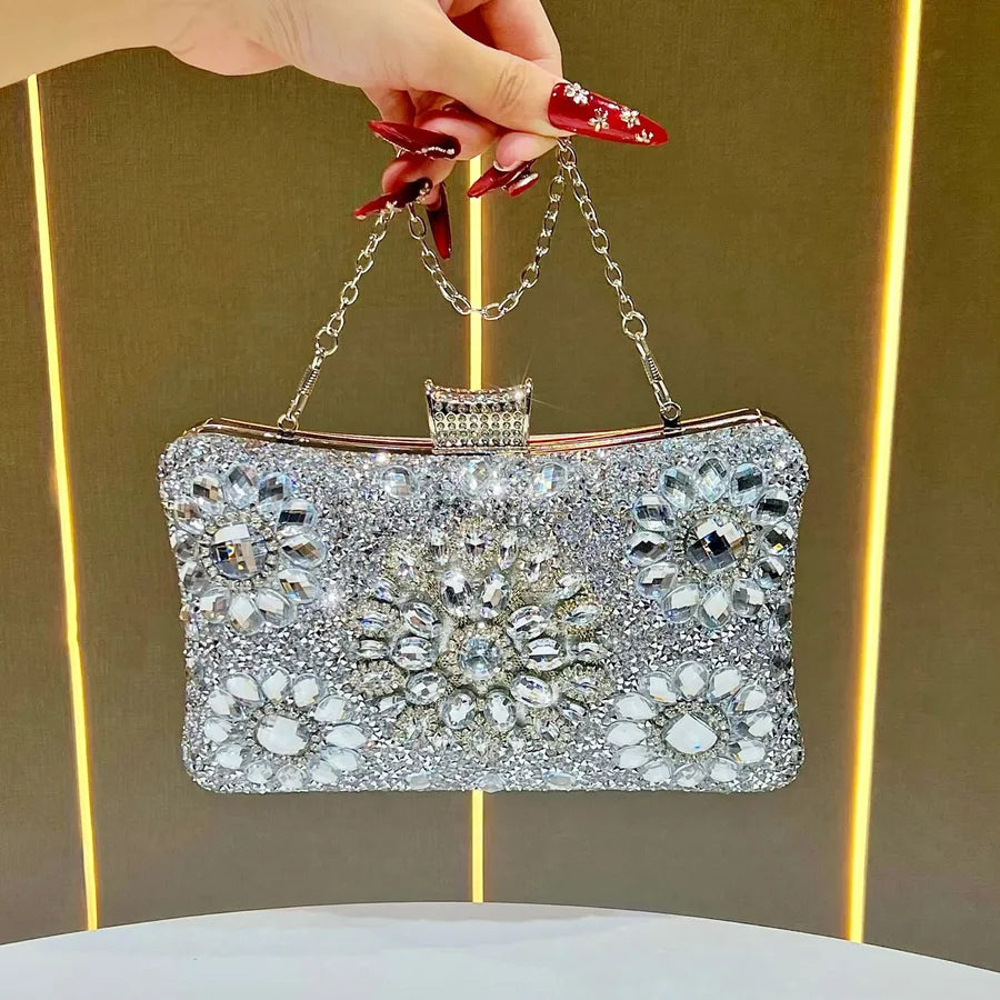 New Elegant Diamond Embedded Evening Bag Women's Handbag Single Shoulder Crossbody Bag Flag Dress Clutch Chain Handbag