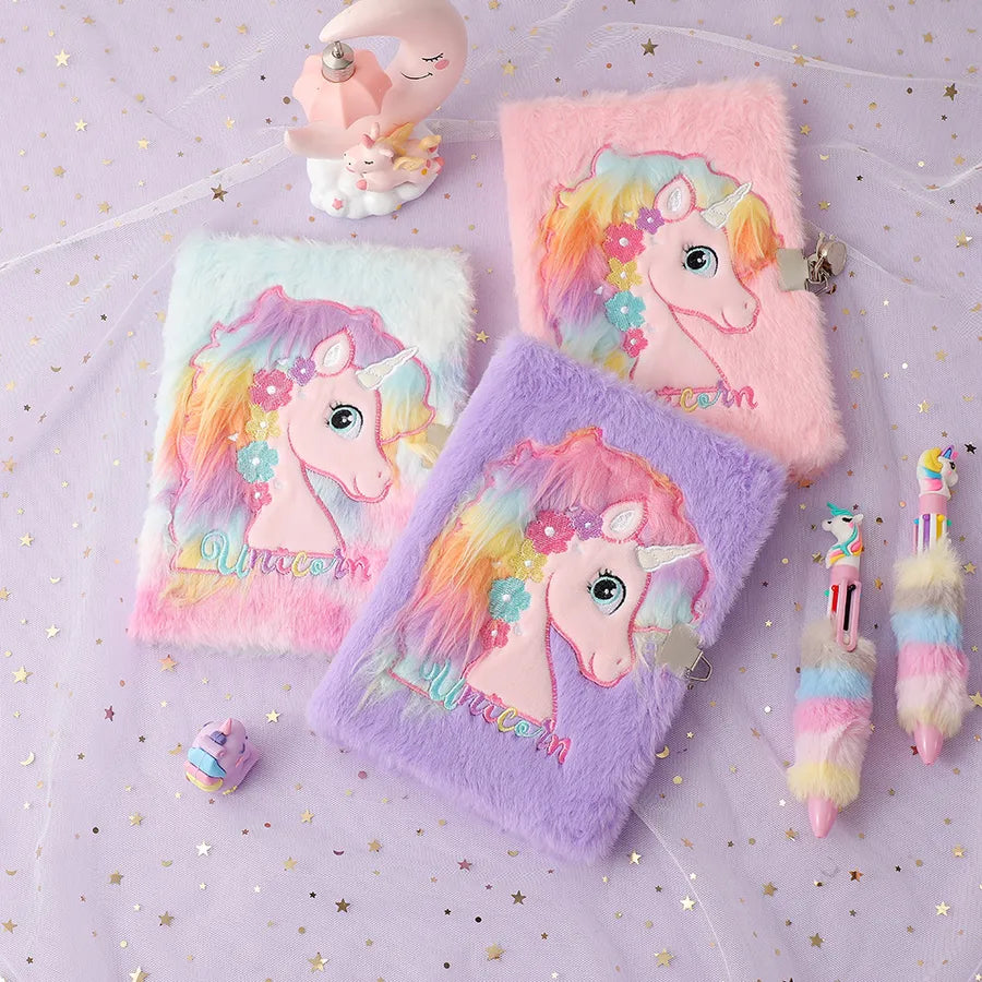 Cute  A5 Cartoon Plush Notebook With Lock Children's Diary Book Girl's Scrapbooking Notebook Pink Purple Tie Dye