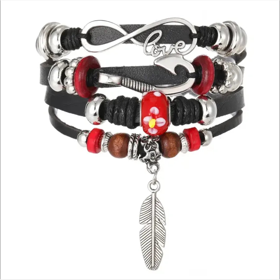 casual handmade feather pu leather alloy wooden beads beaded knitting men's drawstring bracelets